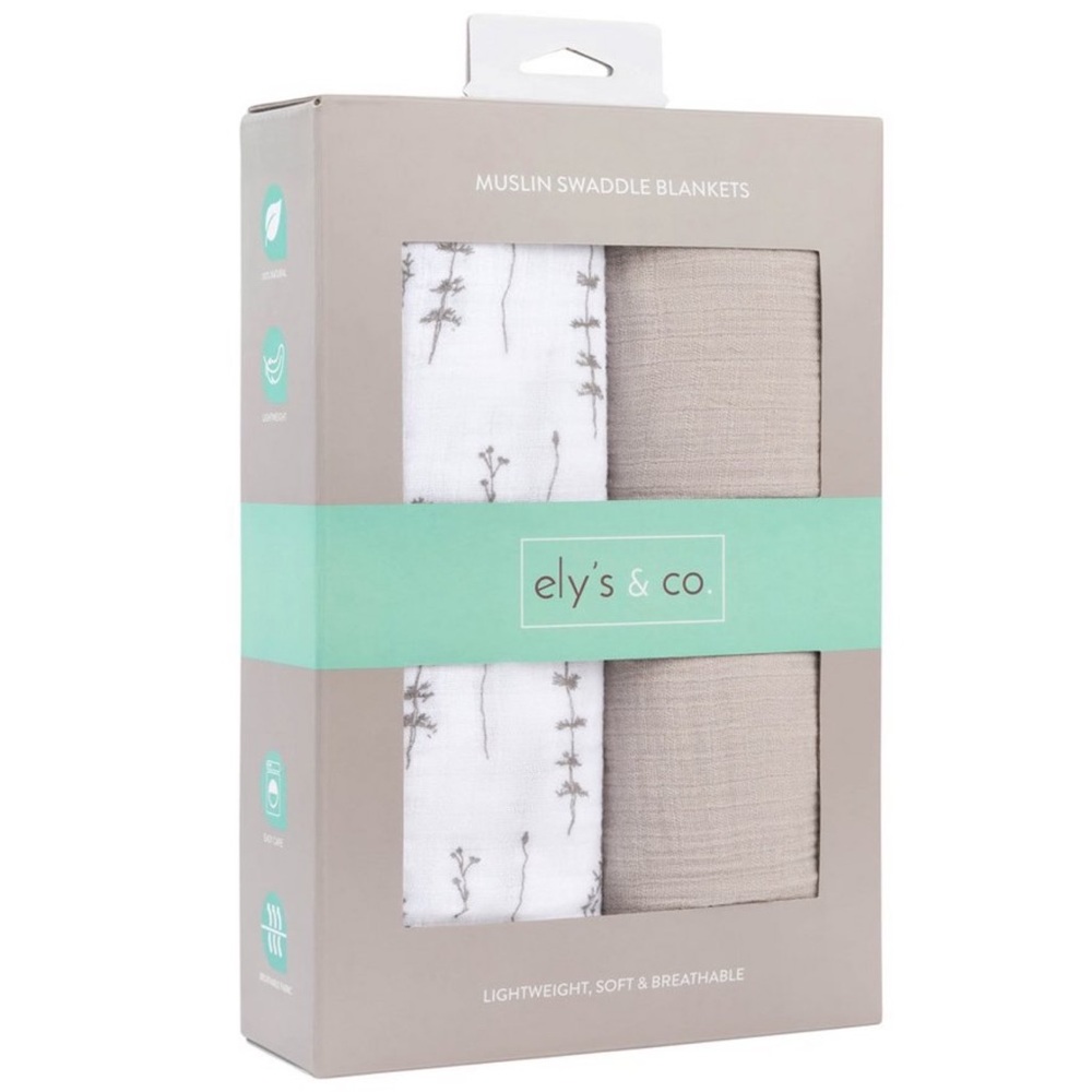 Ely's & Co. Cotton Muslin Swaddle Blanket Forest Grey Leaf and Pebble Grey